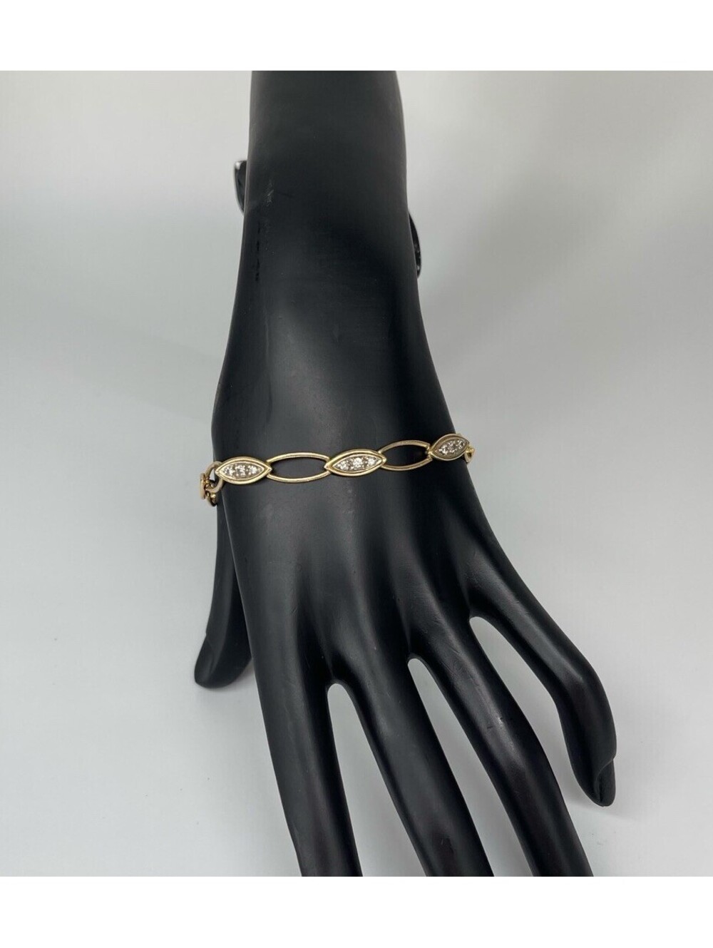 Vintage 14K Gold Marquise Link Bracelet Clear‎ Stone Accents Estate 8.09g
